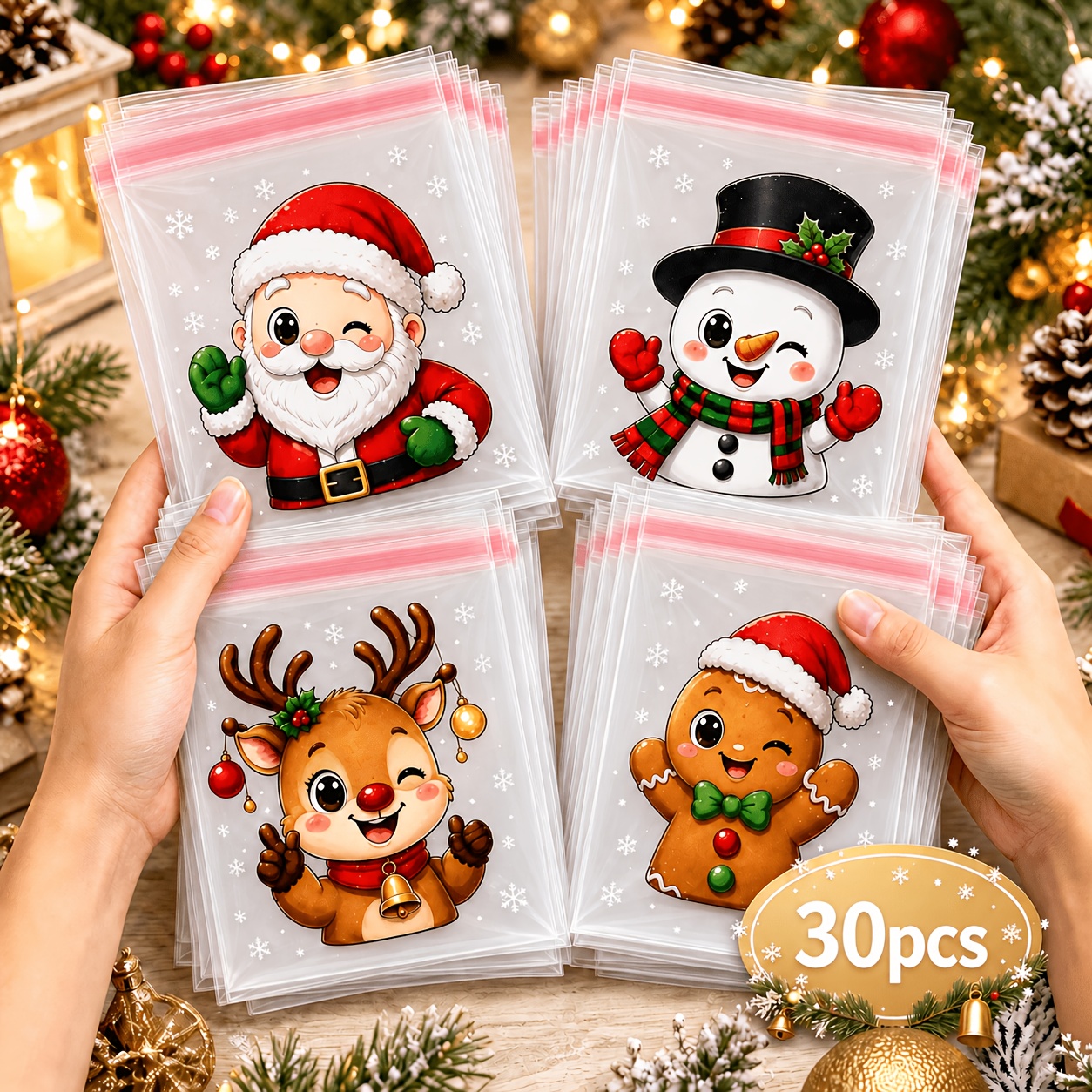 TEMU 30pcs Christmas 4-in-1 Self-adhesive Gift Bags - Santa Claus, Snowman, Reindeer, Gingerbread Man Patterns, Durable Reusable Plastic Bags, Party