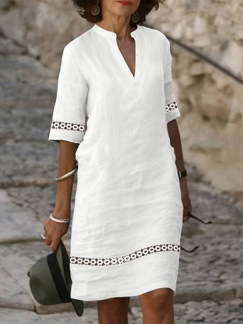 loose solid color hollow out lace v neck pullover dress