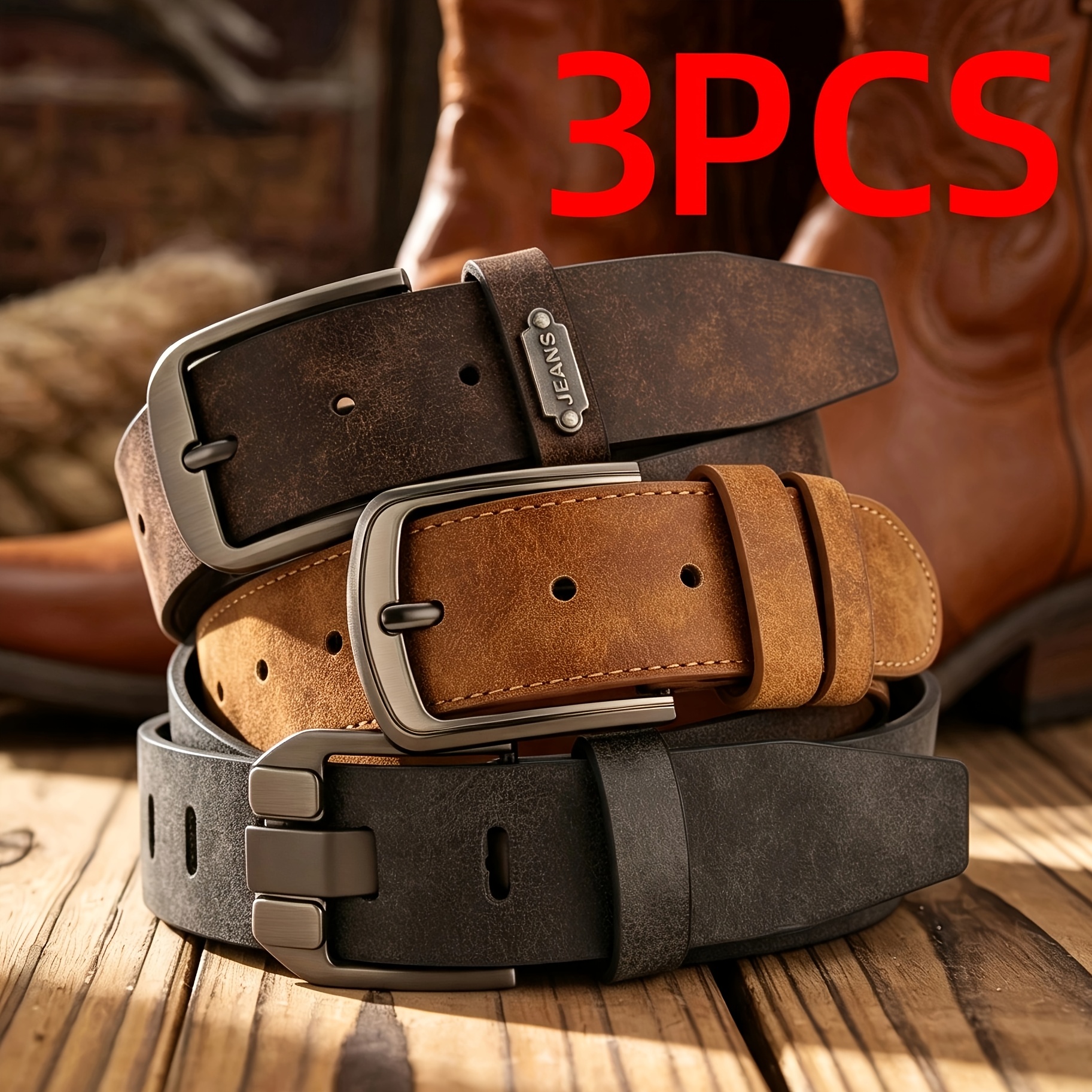 TEMU 3-pack Men's Belts - Multi-functional Casual , Western Cowboy Style, Durable Alloy Wide Pin , , Suitable For Golf And Any Occasion, Casual