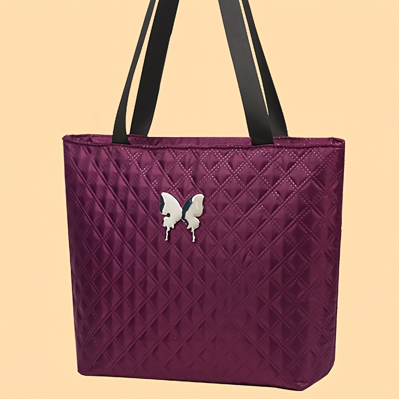 

Elegant Women's Nylon Tote Bag In Deep Purple With Quilted Diamond Pattern, Stylish Embroidery & Closure - Ideal For Daily & Casual