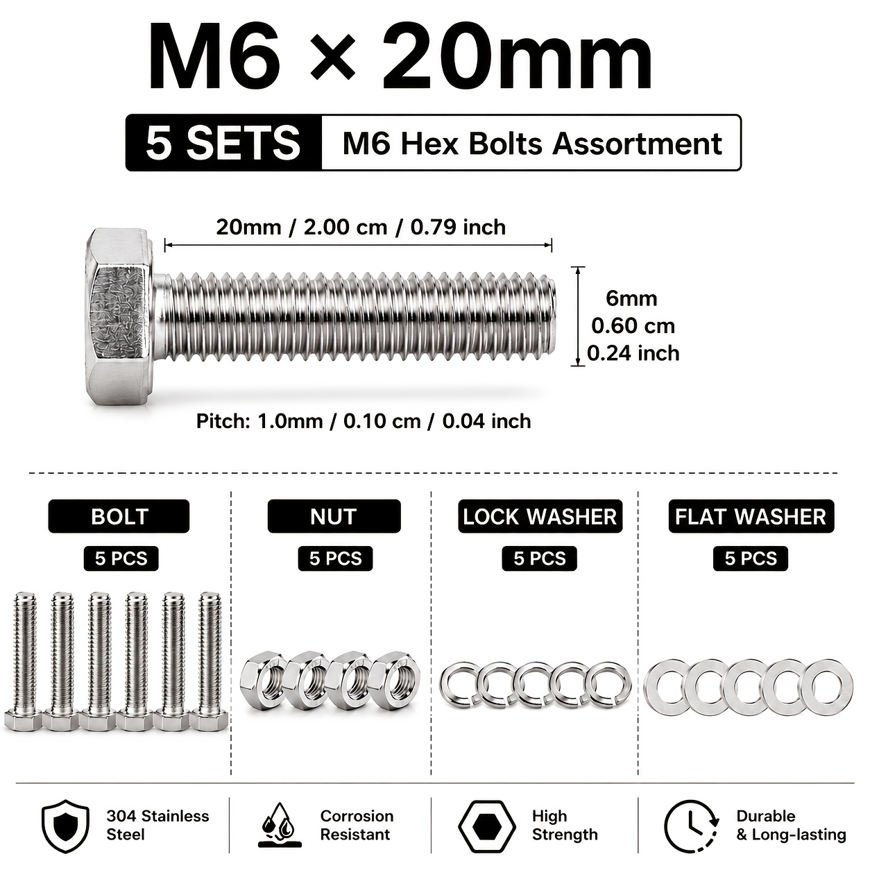 TEMU M6 Furniture Hex Bolts Kit, 4-in-1 Stainless Steel Hex Head Bolts With Nuts, Flat & Lock Washers, Heavy Duty Furniture Screws For , Furniture