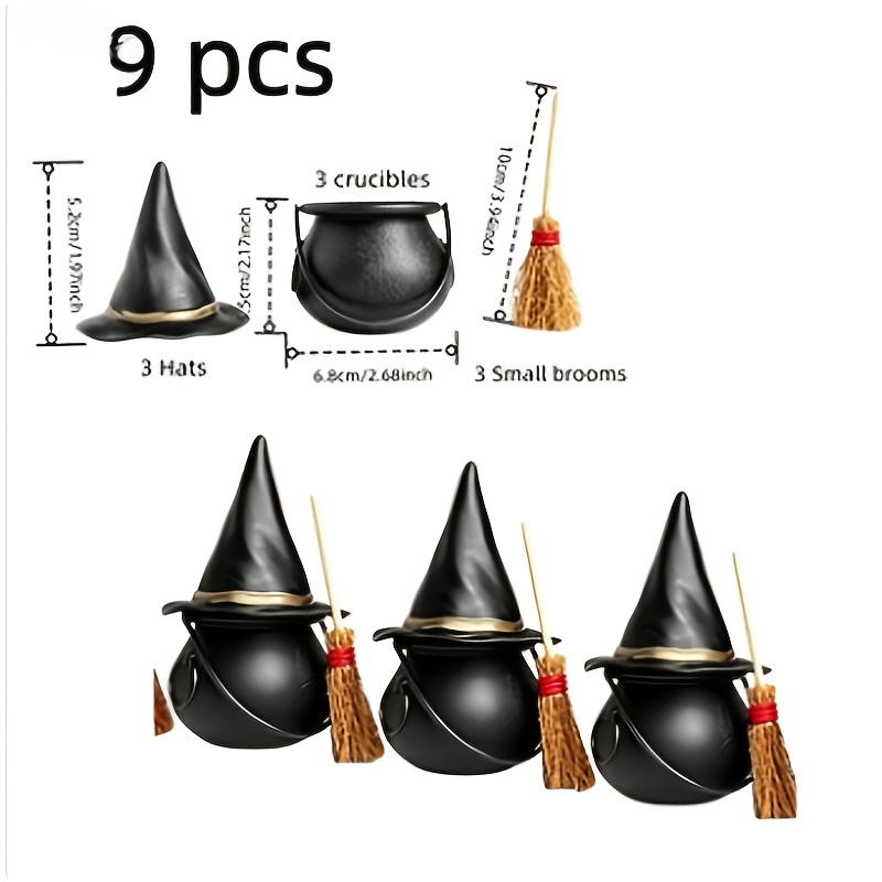 TEMU JAJC Ensemble de 9 pièces de décoration de sorcière d'Halloween, mini ornements de chapeau de sorcière, balai et , fournitures artisanales en