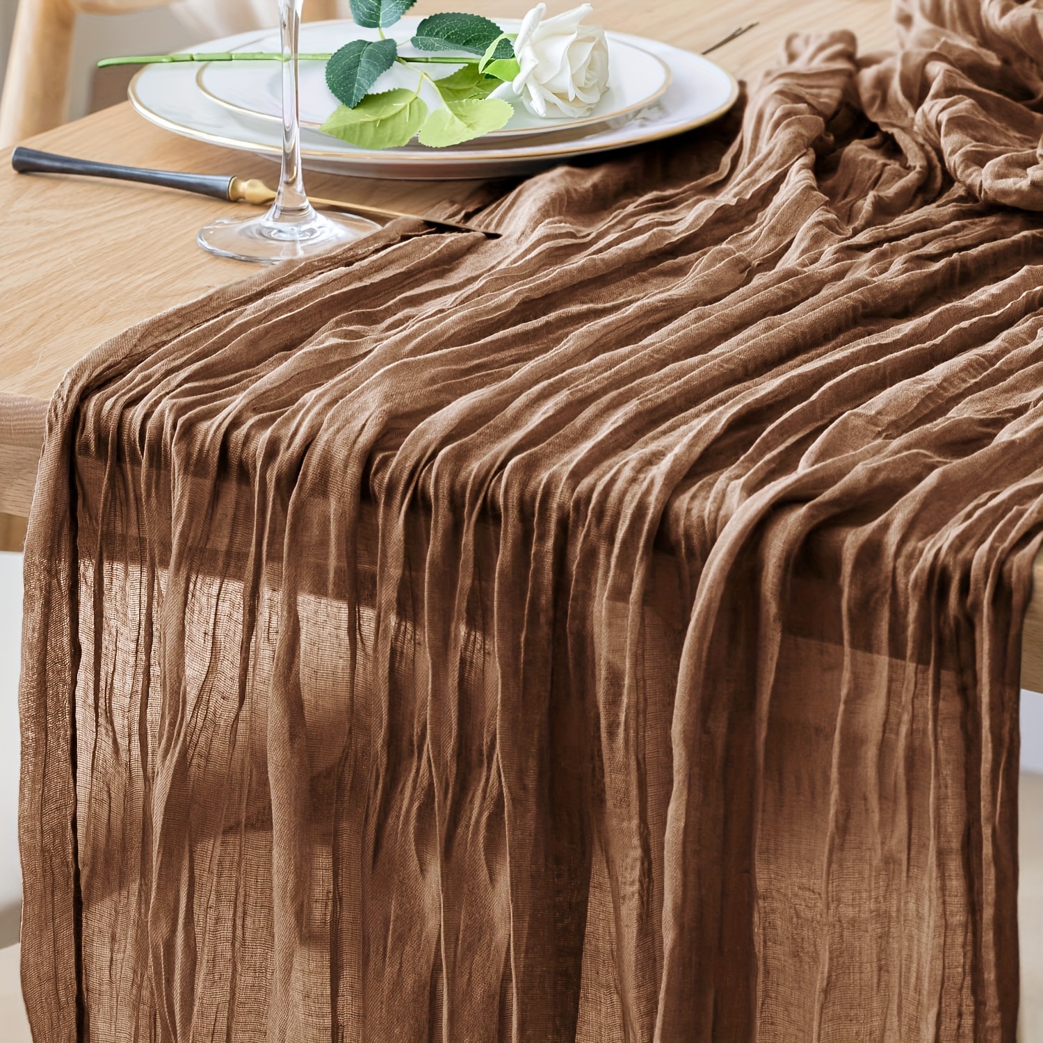 TEMU 1pc Crinkle Fabric Table Runner, Polyester Bohemian Rustic Cheesecloth Table S, Pink Table Runner, Runner, Blue Table Runner, Red Table Runner,