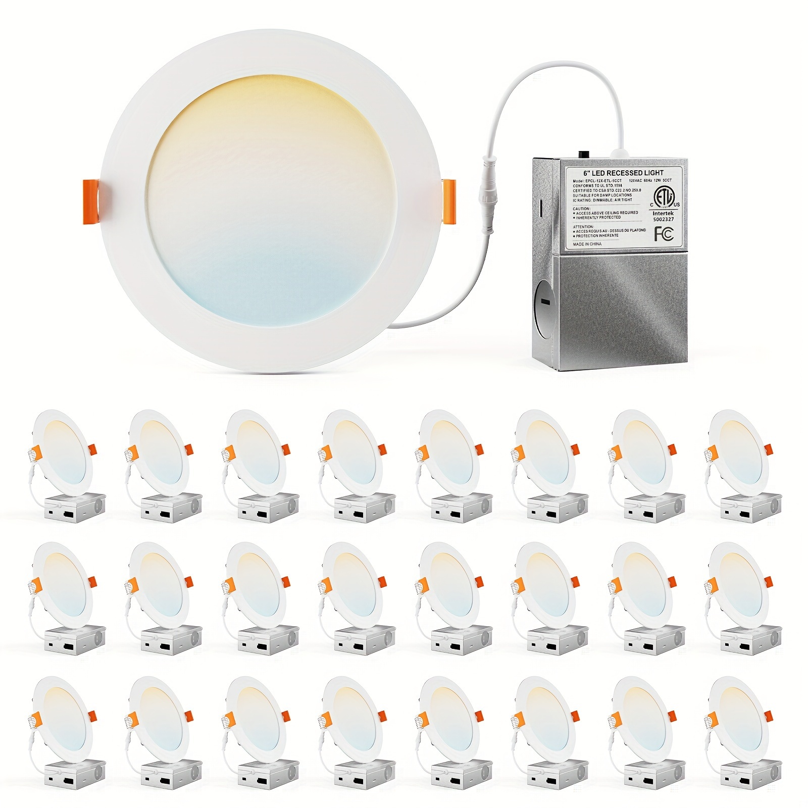 TEMU 24 Pack 6 Inch Led Recessed Lighting | Ultra-thin Ceiling Light With Junction Box, 2700k/3000k/3500k/4000k/5000k Selectable, 12w 1050lm High
