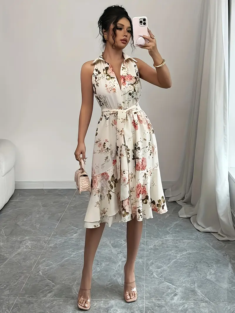 elegant floral print v neck dress for women sleeveless tie waist lightweight summer dress with lace up detail casual or formal occasions cute dress Product details 1