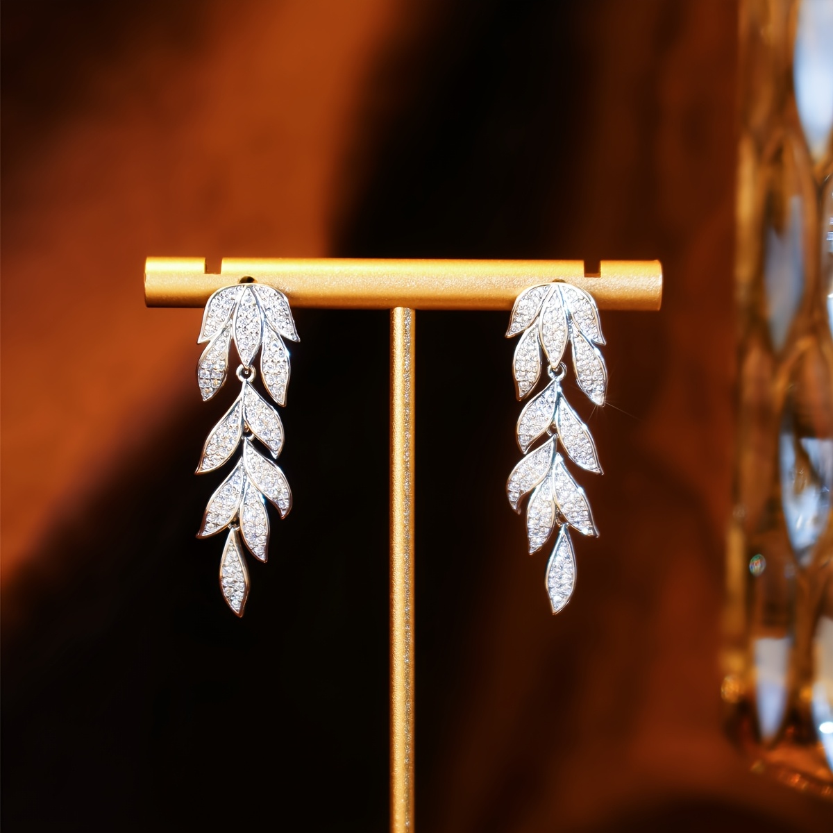 Bridesmaid Costume Jewellery Sparkly Leaf Dangle Earrings