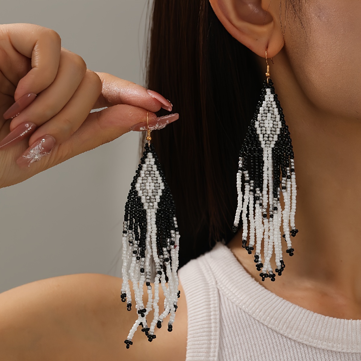 

Boho-chic Zebra & Black & White Beaded Tassel Earrings - Vintage Style, Casual Attire Or Gifting