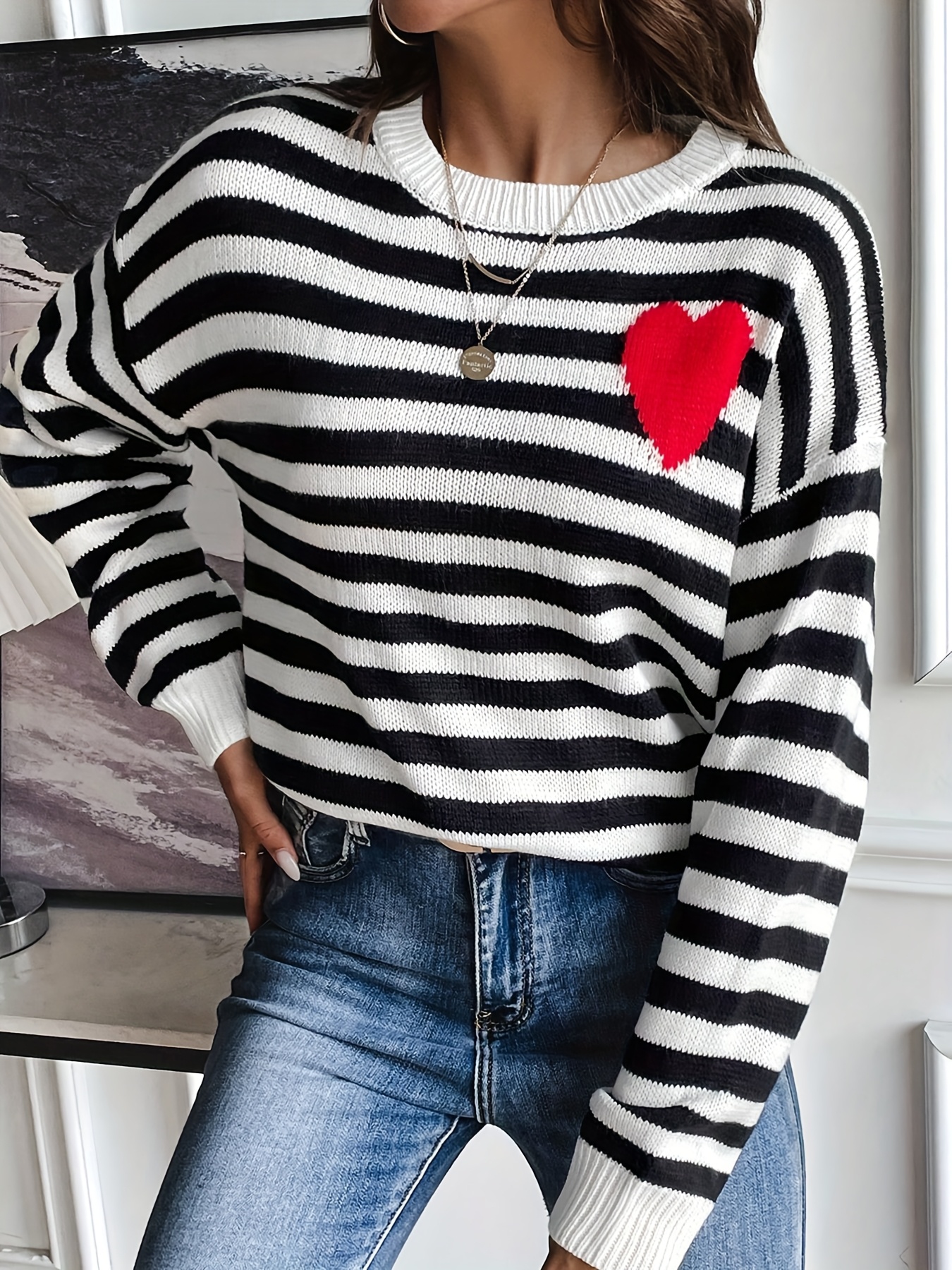 women's black white sweater valentine's day gift long sleeve