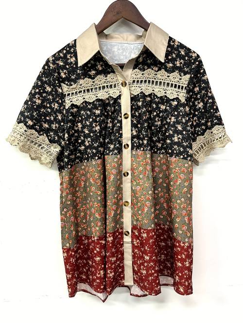 plus size plus size womens casual v neck lace trim floral print blouse lightweight short sleeve top with relaxed fit umbrella hem for spring summer fall seasonal fashion decorative lace detail nontransparent fabric