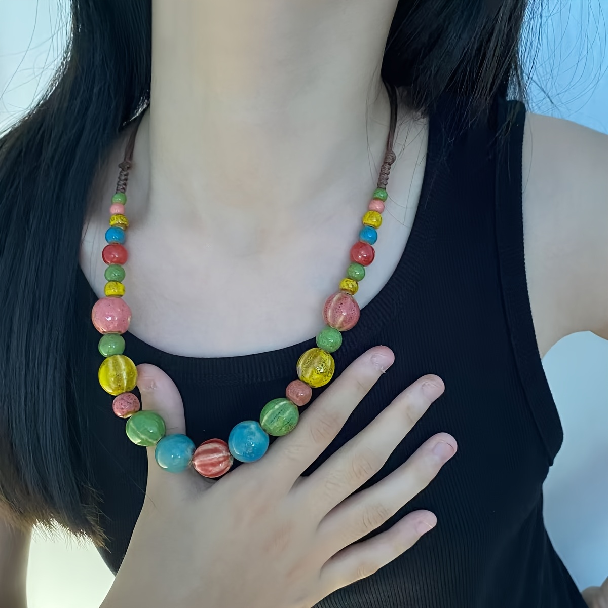 TEMU Nuovo collana di perline a in stile cinese, collana lunga premium intrecciata in ceramica colorata in stile , accessorio per donne