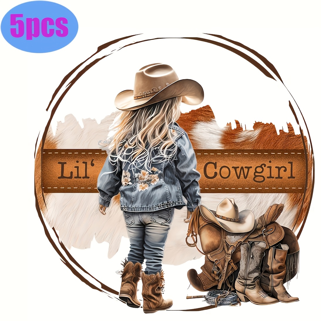 TEMU 5pcs Vintage Little Cowgirl Heat Transfer Stickers, Fashionable And Iron-on Patches, Suitable For Diy T-shirts, Jeans, Bags, And Backpacks,