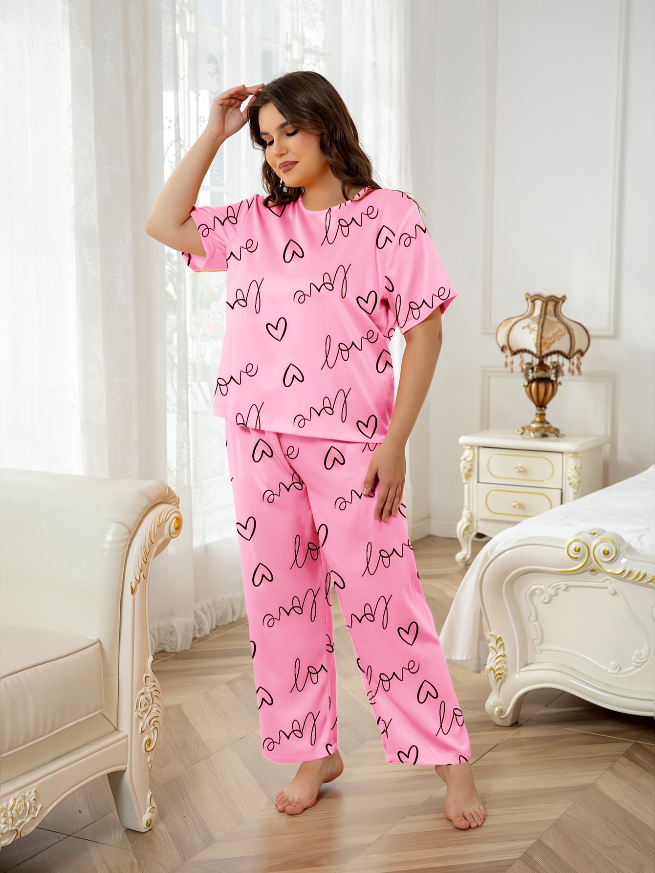 Plus Size Cute Pajama Set, Women's Plus Heart & Letter Print Short Sleeve  Round Neck Tee & Pants & Eye Mask, Pajamas Set