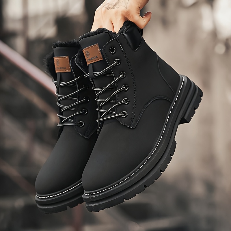 Bottes d'hiver robustes pour hommes avec semelle épaisse en PU et traction en PVC - Bottines courtes à bout rond à lacets pour glace, neige, extérieur - Chaleur pour le ski, la marche, l'usage quotidien (Large gamme de tailles disponibles)