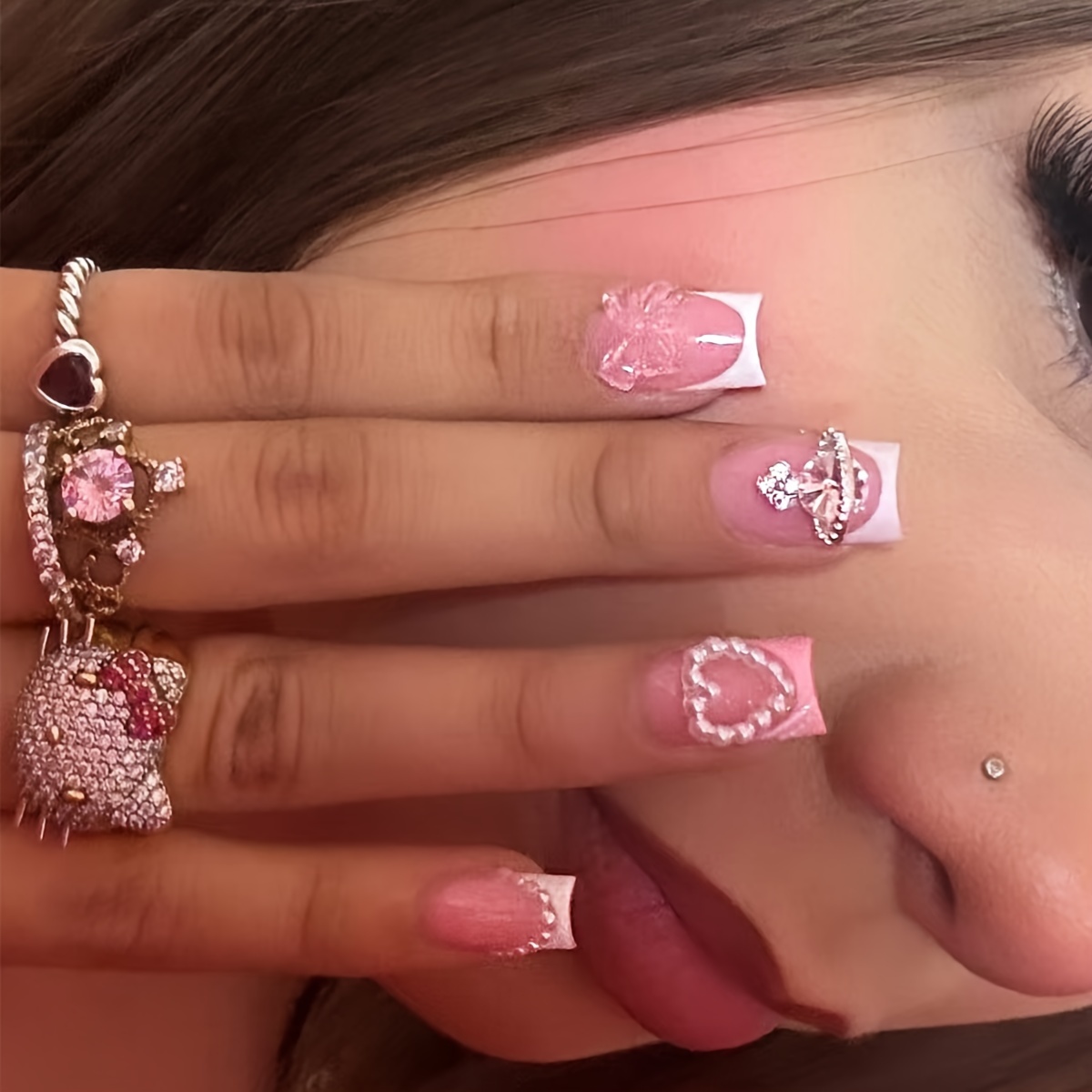 

24-piece Pink Press-on Square Nails With Hearts & Butterfly Bows, Medium Length, Glossy Finish, 3d Acrylic Full Cover Fake Nails Set With Adhesive Tabs & Nail File