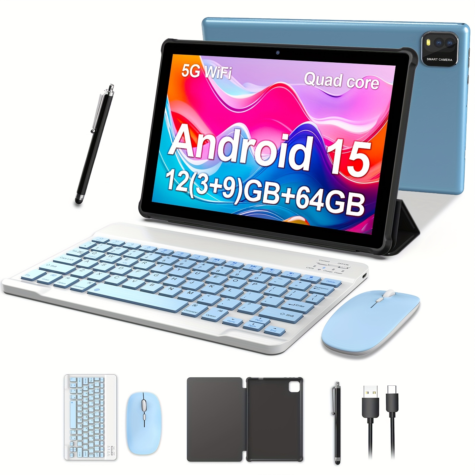 10.1-inch Android 15 Tablet with Multiple Options (tablet with Case/tablet with Keyboard Set), 12 (3+9) GB RAM, 64GB ROM, 1280 * 800IPS, 2.0MP+8.0MP, 6000mAh Long-life Battery, Newly Upgraded System, Daily Use, Study And Office