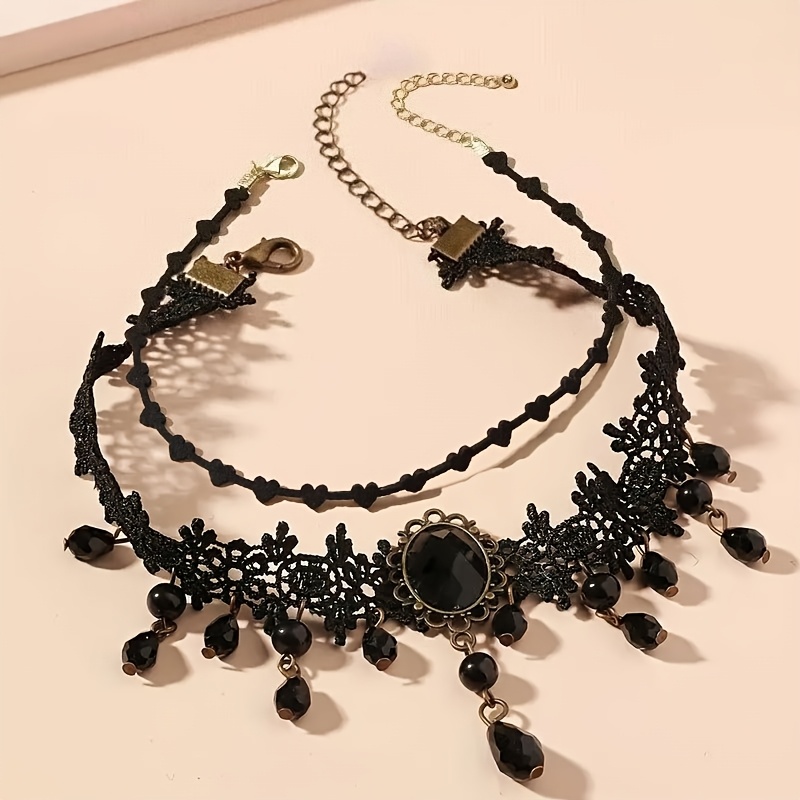 TEMU Ensemble de 2 de haute qualité pour femme, style gothique doux et décontracté, à - Accessoire ras du cou tendance et élégant en dentelle noire à