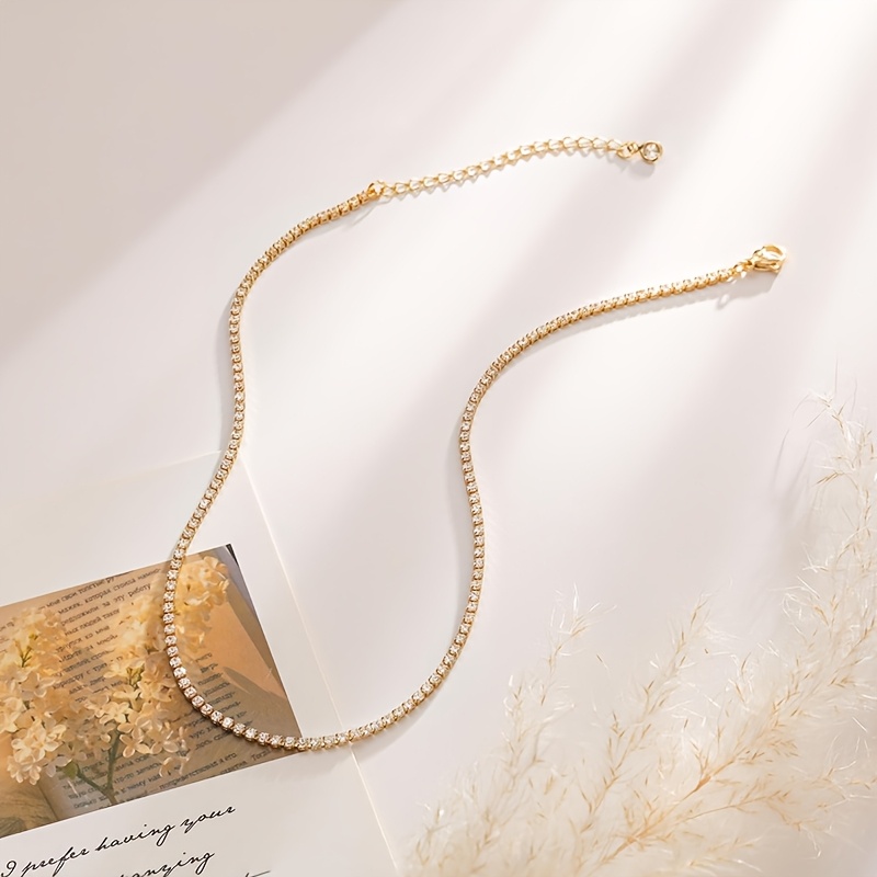 TEMU 1pc Fashionable Golden Full-set Cubic Synthetic Zirconia Tennis Necklace, Suitable For Women And Men, Classic Round Synthetic Zirconia Pendant
