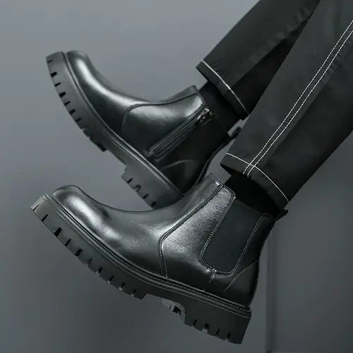 남성용 두꺼운 밑창 키높이 앵클 부츠 - 갈색과 검은 고무 밑창, 사이드 지퍼 & 레이스업 디자인으로 캐주얼 또는 드레시 착용 가능