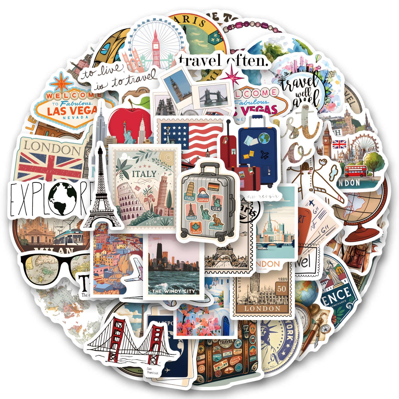 62pcs Set Of Travel-themed Aesthetic Stickers For Scrapbooking, Diaries, Laptops, Bumpers, Skateboards, Water Bottles, Computers, And Phones