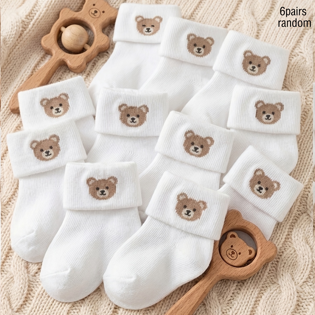 TEMU Random 6 Pairs White Bear Easy Small Icon Autumn Winter Warm Socks Floor Socks, Baby Walking Socks