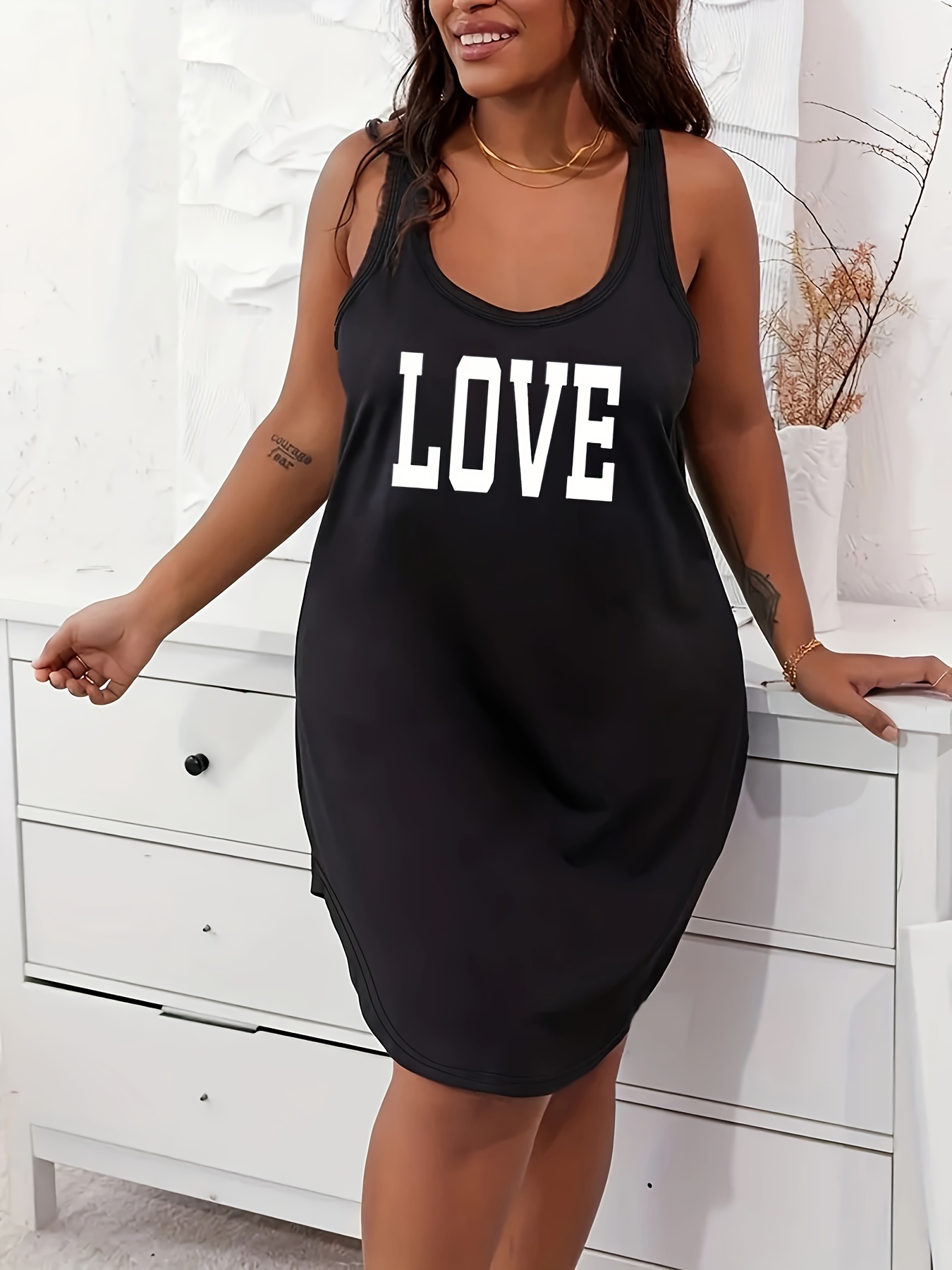 Women's Plus Casual Lounge Dress, Plus Size Letter Graphic Scoop Neck Racer Back Tank Home Wear Dress