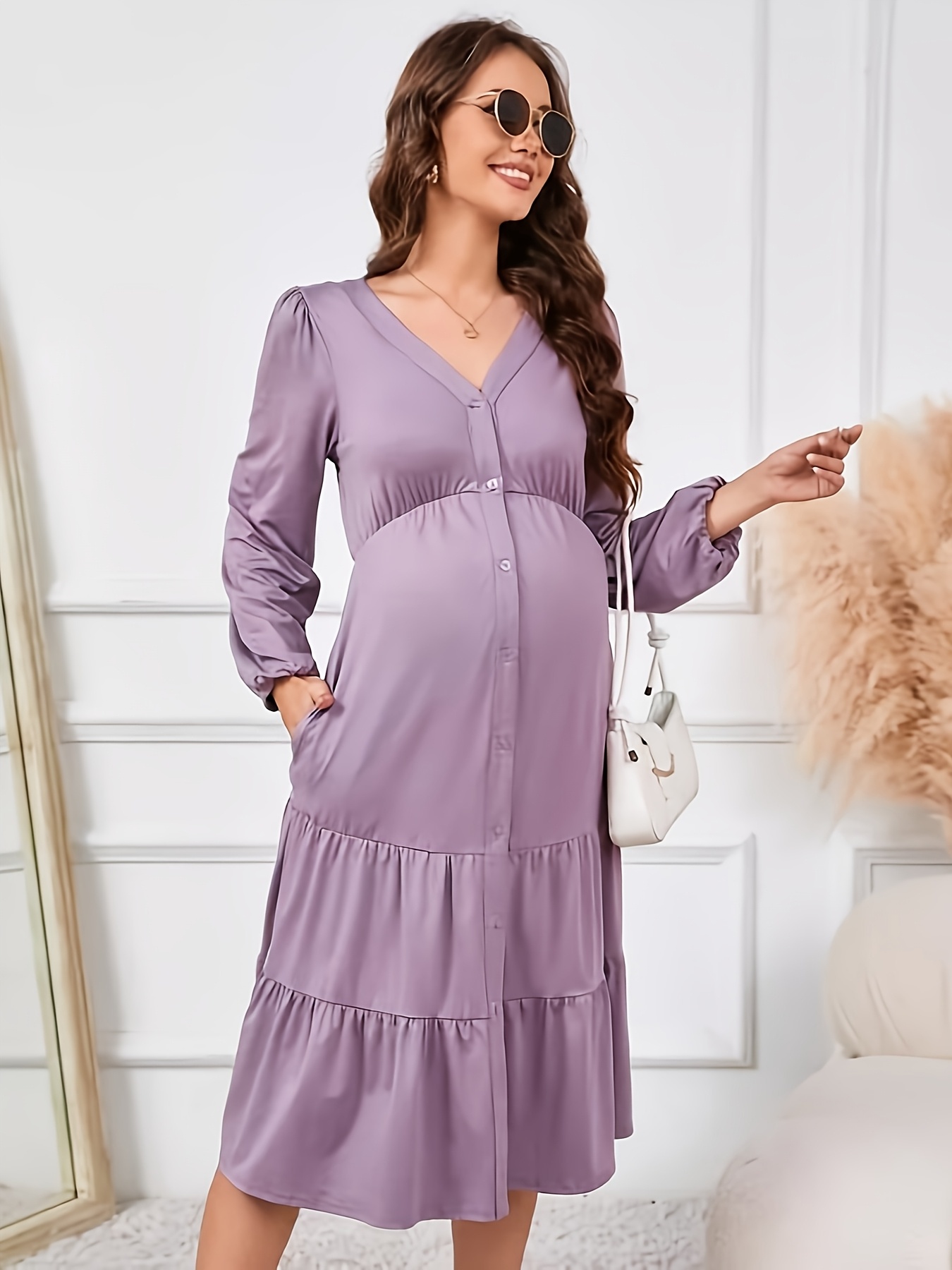 elegant maternity v neck dress long sleeve length
