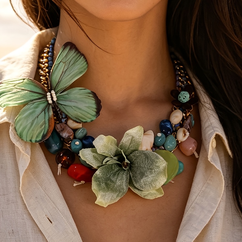 item picture 1pc elegant fashion floral   geometric resin colorful necklace versatile exaggerated   party jewelry random bead colors may  