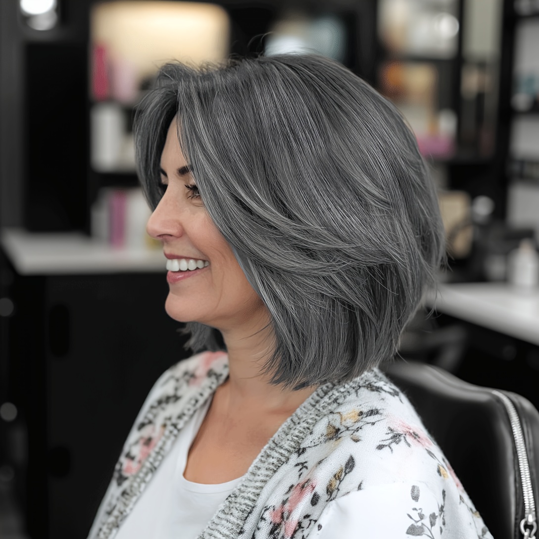 

Women's Ombre Highlighted Grey Short Bob Wig With Bangs - Natural Straight Heat Resistant Synthetic Hair, Salt N Pepper Style, Basic Cap For All