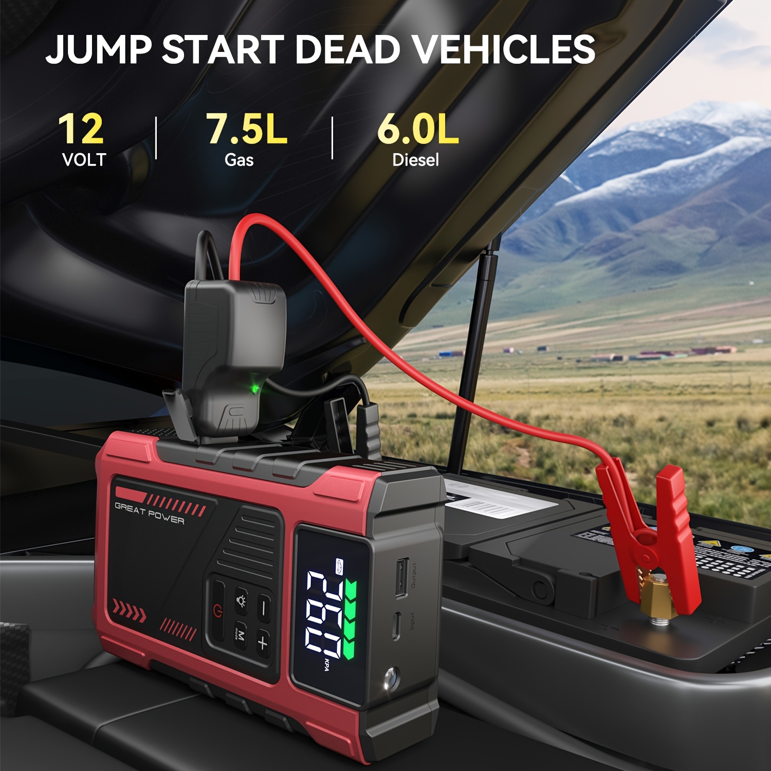 portable car air compressor jump starter with led emergency light 3000a peak power 12v for gas diesel engines usb digital tire inflator red insulated material fast charging car accessories tools vehicle accessory insulated body details 0