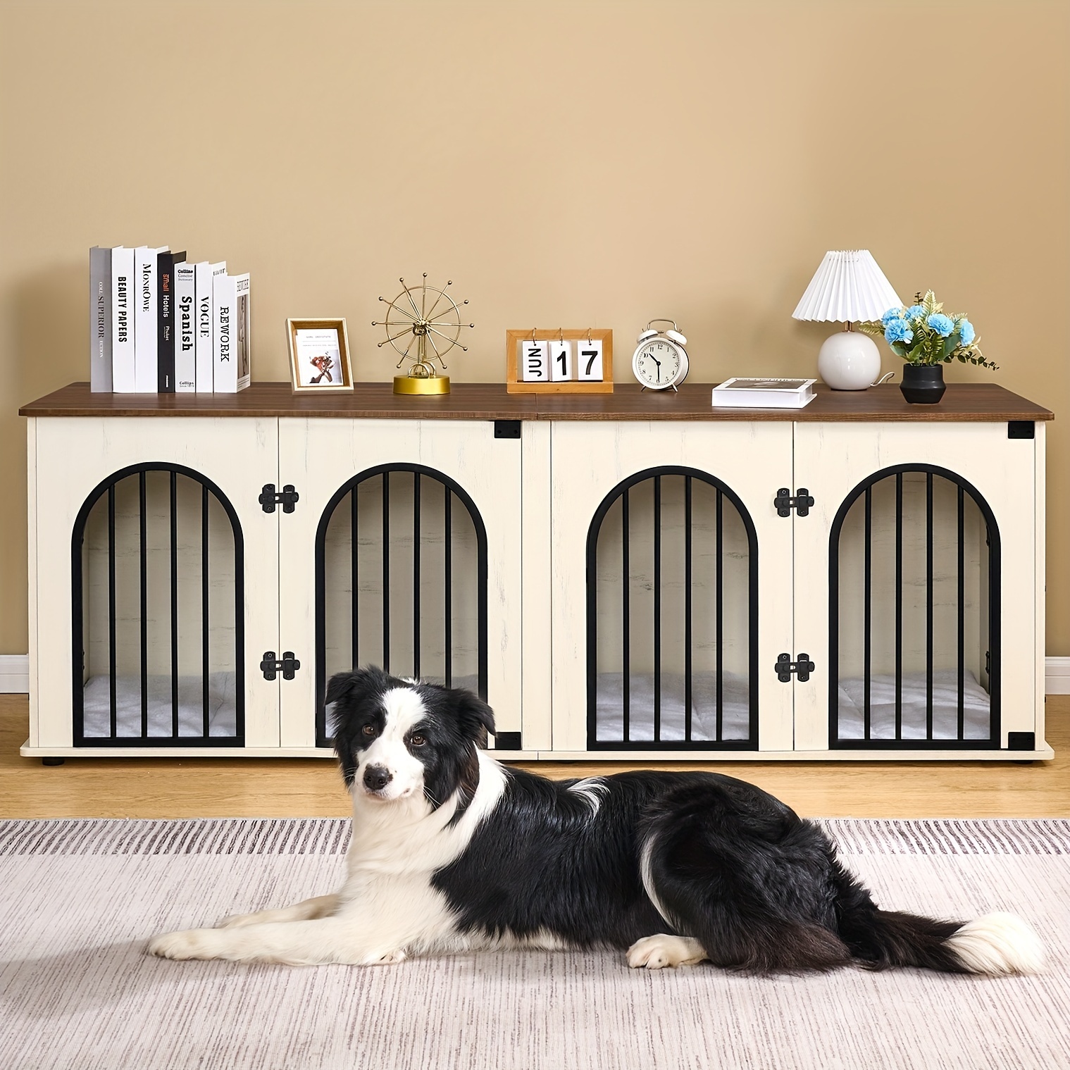 47" Dog Crate Furniture , Wooden Dog Kennel Indoor TV Stand With 2 Drawers And 4 Shelves Decorative Dog Cage With Storage For Dogs