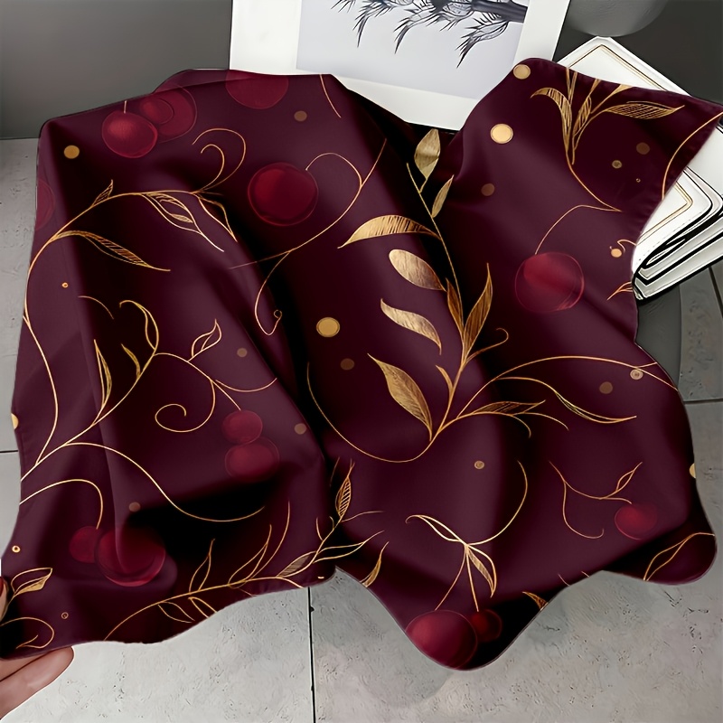TEMU 1pc Of Elegant And Fashionable Wine-red Square Scarf With Golden-branch Cherry Design, A Versatile And Stylish Accessory Suitable For Casual And