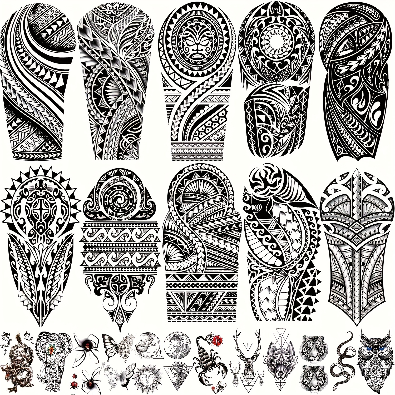 Image of Maori Tribal Temporary Tattoos - 22pcs Animal Designs, Long-lasting For Men And Women, , Legs, Hands, And Neck