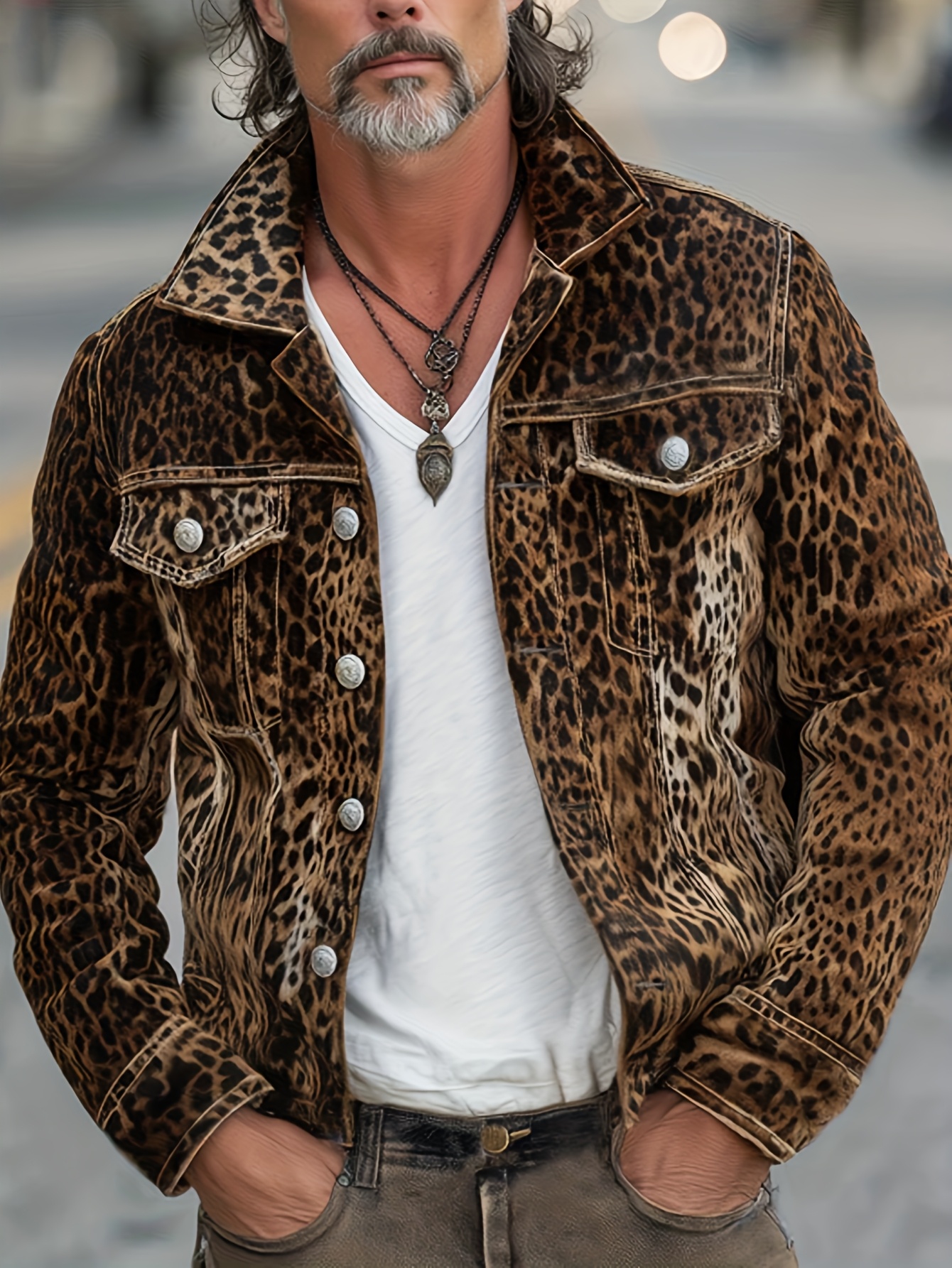 Men'S Slim-Fit Heavy-Duty Denim Jacket with Leopard Print Collar & - Oversized Workwear Coat, Golden-Tone Buttons, Belt Loops & Pocket Details - Casual to Formal Outerwear (Machine Washable) - Mature Men'S Fashion