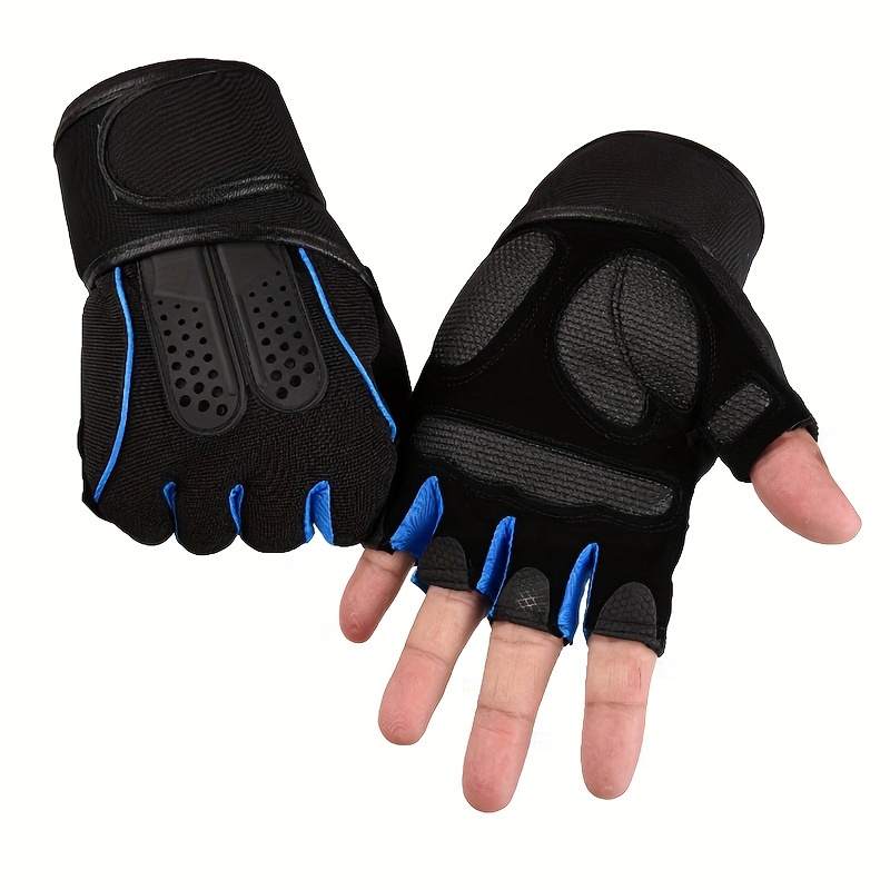 

1 Pair Breathable Anti-slip Fingerless Fitness Gloves - Black With Blue Accents, Suede Material, Adjustable Hook & Loop Closure For Use, Gym Gloves