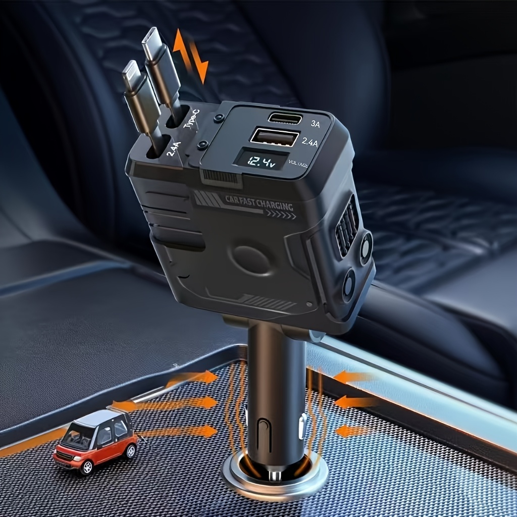 TEMU 4-in-1 Fast Car Charger, Couple Super Mecha Style Charging Artifact With Retractable Plug, Ultra-fast Charge For Cars Phones, Equipped With 2