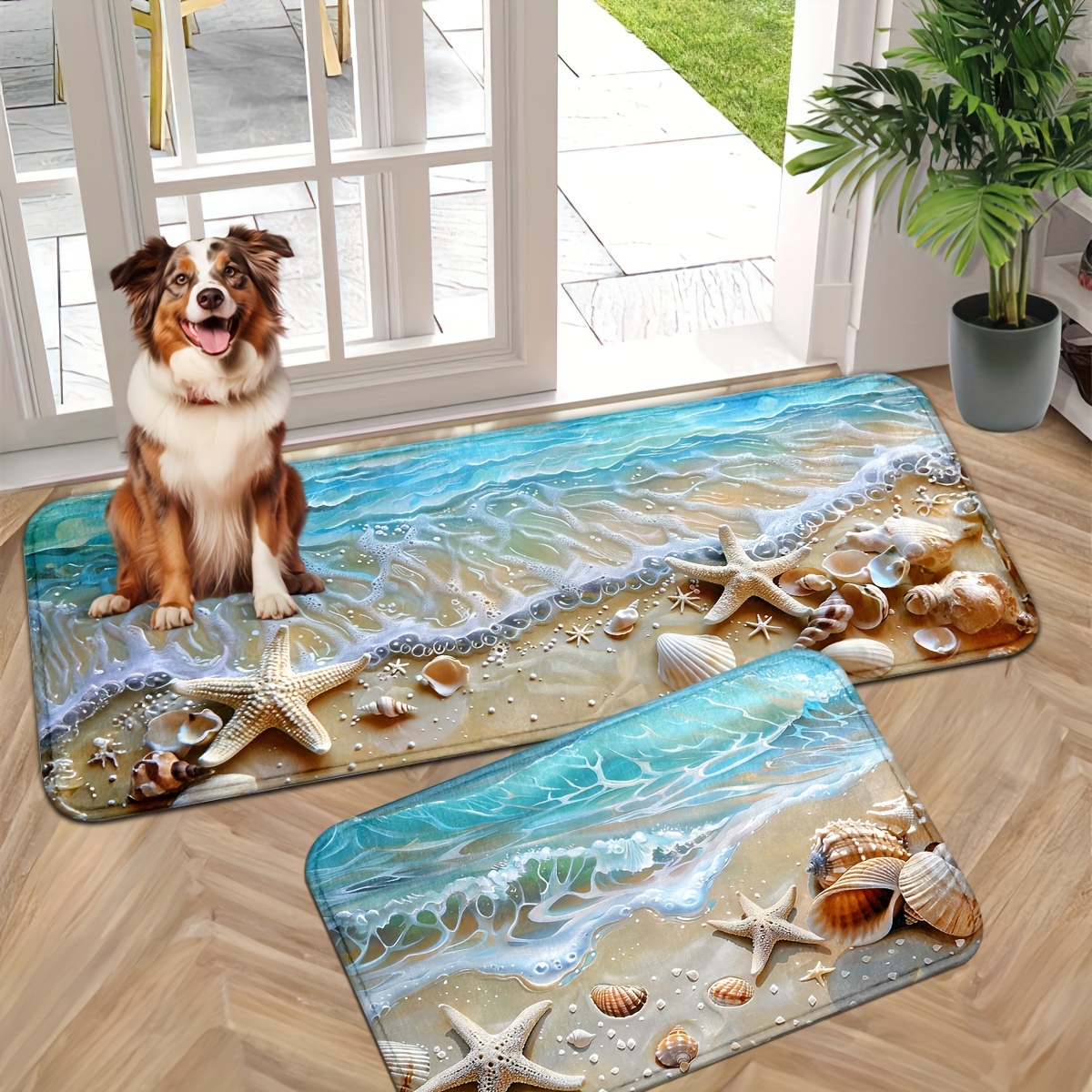 

Warm Beach Scenery Floor Mat With Starfish And Shells, Machine Washable, Outdoor Entrance Mat, , Non-slip Mat, Suitable For Living Room, Kitchen, Bedroom, Dining Room Kitchen Floor Mat