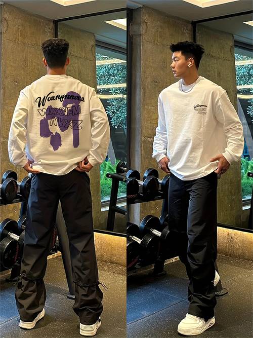 item picture spring and autumn printed long sleeve t shirt for men heavy weight cotton casual loose breathable outdoor sports top