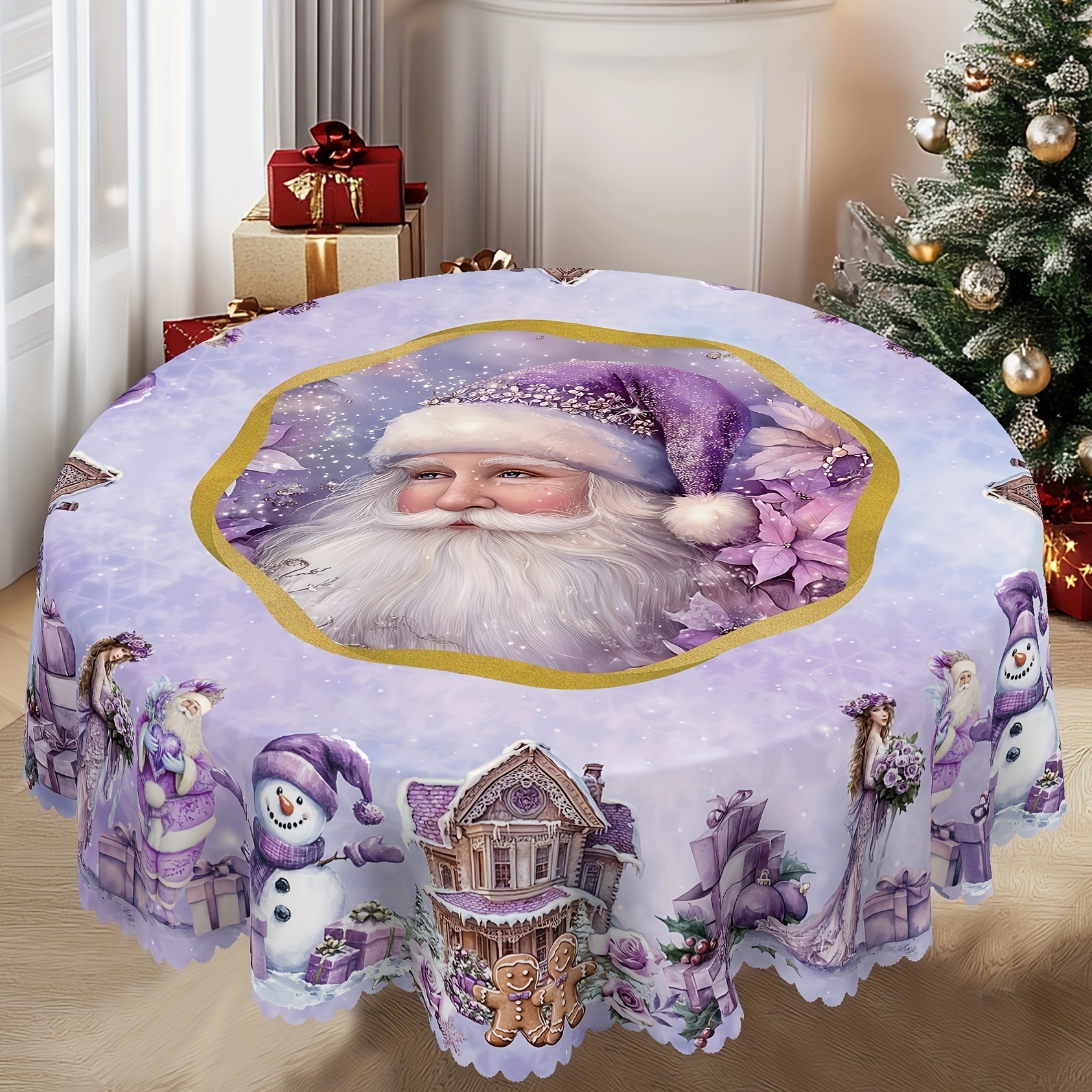 

Nappe de Noël - Design Père Noël Violet & Bonhommes de Neige, Parfaite pour les Repas de Fête & les Fêtes, Polyester avec Bords Gaufrés, Options Rondes ou Rectangulaires