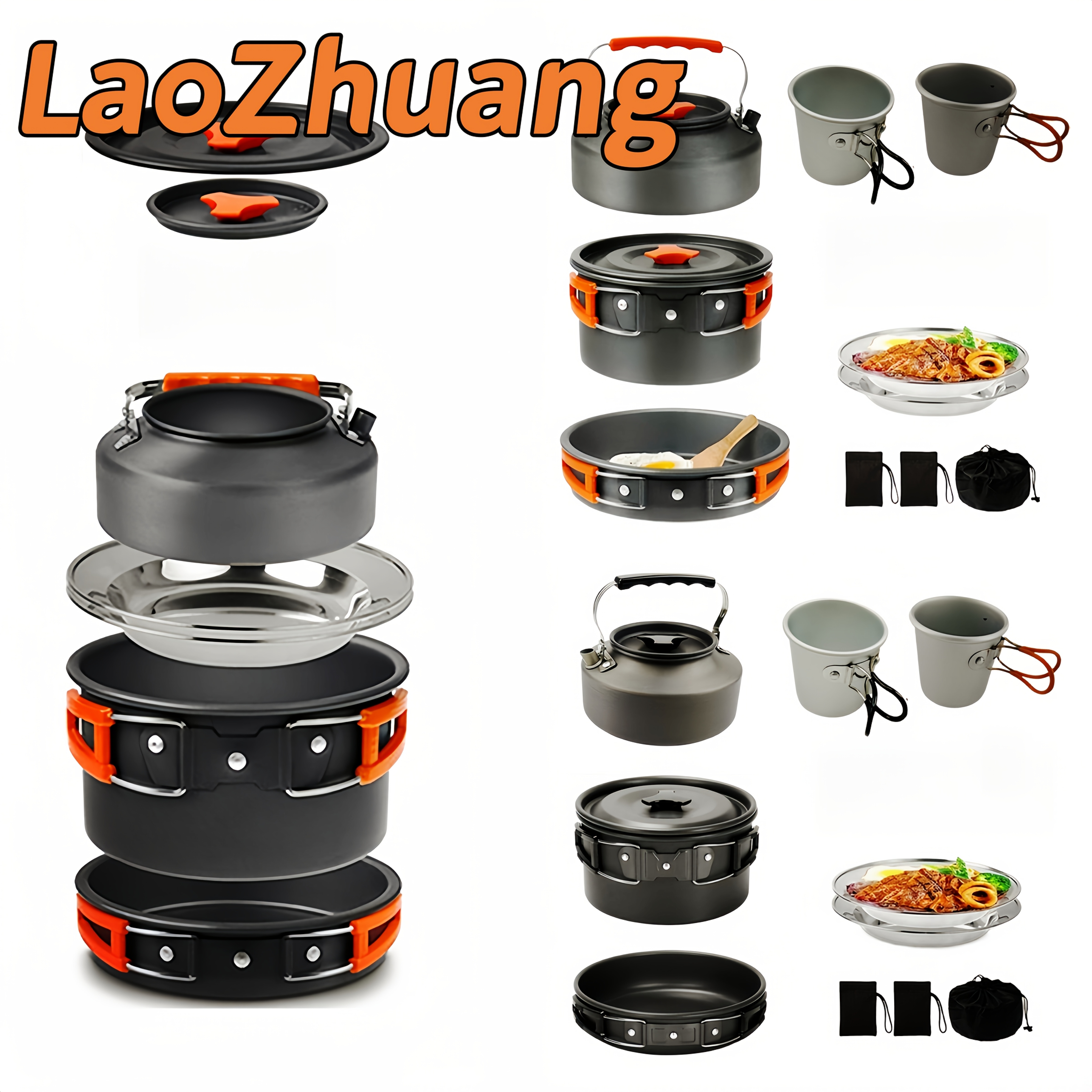 kettle coil pot 2 3 person camping cookware outdoor camping cookware portable combination cookware set camping tableware easy to carry space saving small pot frying pan kettle two aluminum alloy cups foldable  