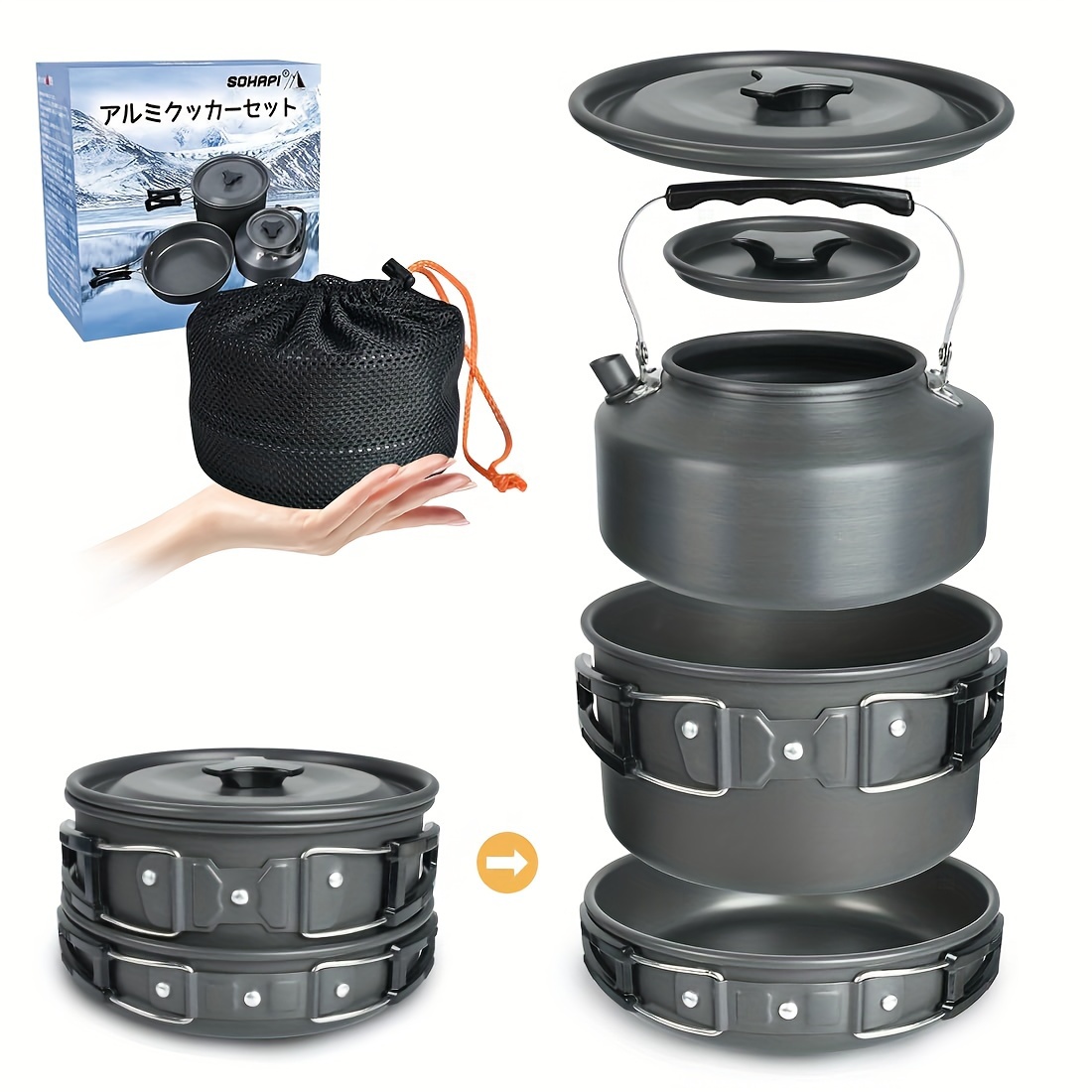 TEMU Sohapi Aluminum Cooker Set Camping Equipment Pot Outdoor Kettle Cooker Set Outdoor Cooking Utensils Frying Pan Camping Pot For 2-3 People