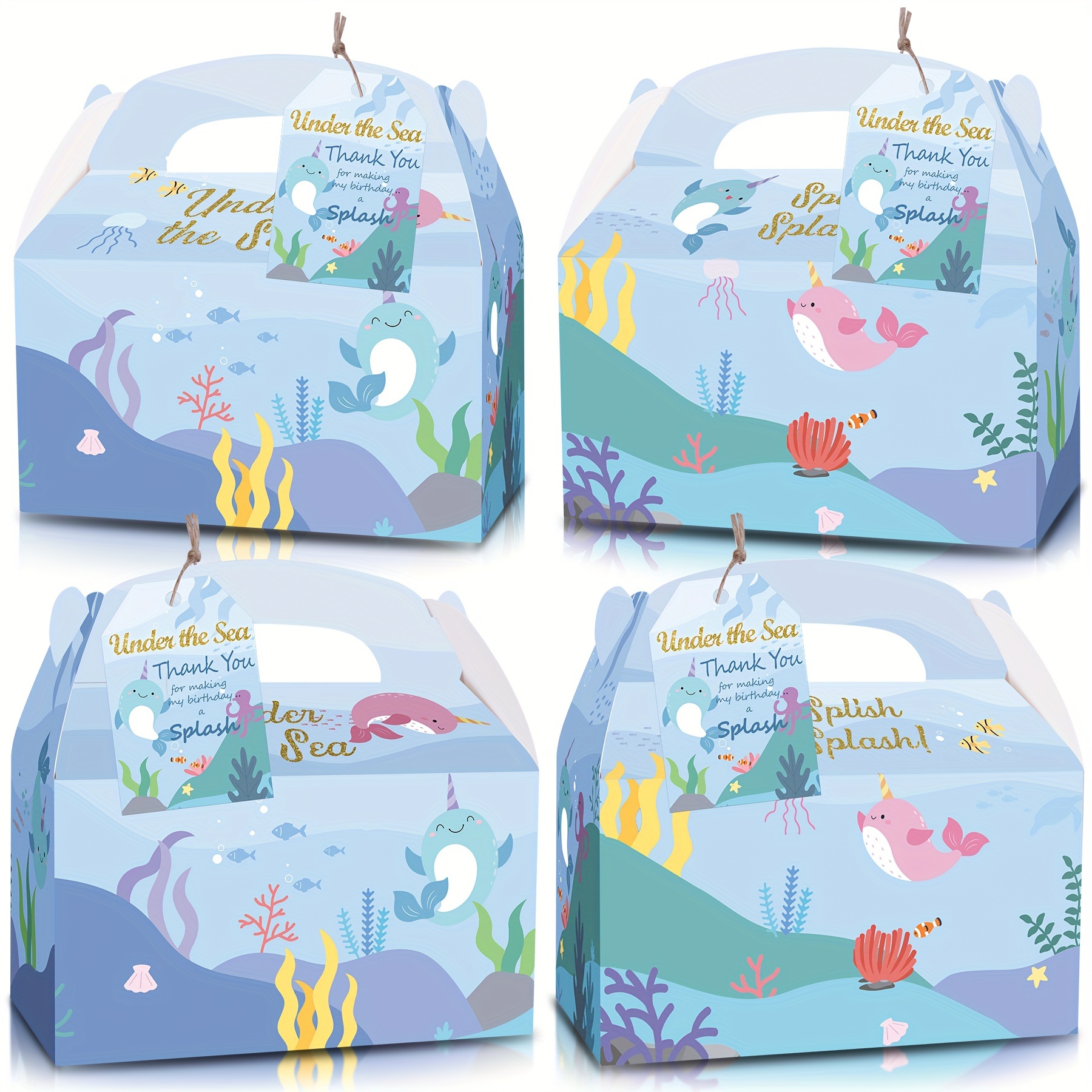 

12-pack Themed Party Favor Boxes With Thank You Cards, Birthday Baby Shower Treat Containers, Paper Table Decorative Boxes With Ocean Animals Design