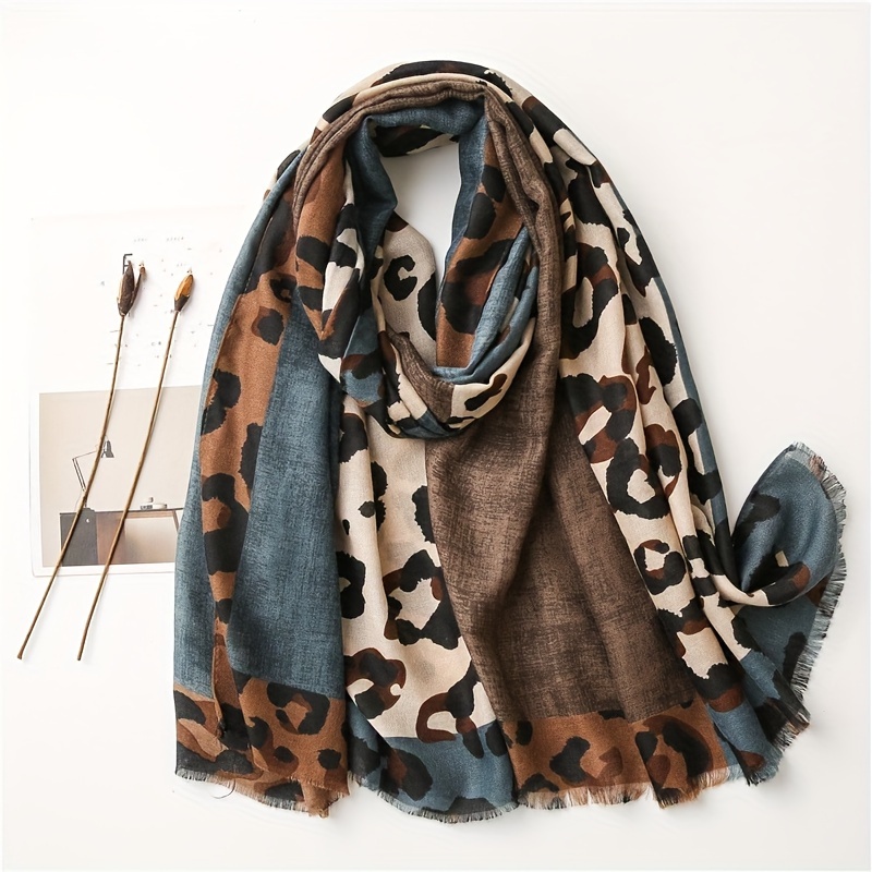 

Brown Leopard Print Scarf Thin Soft Cozy Shawl Boho Style Windproof Sunscreen Wrap For Women