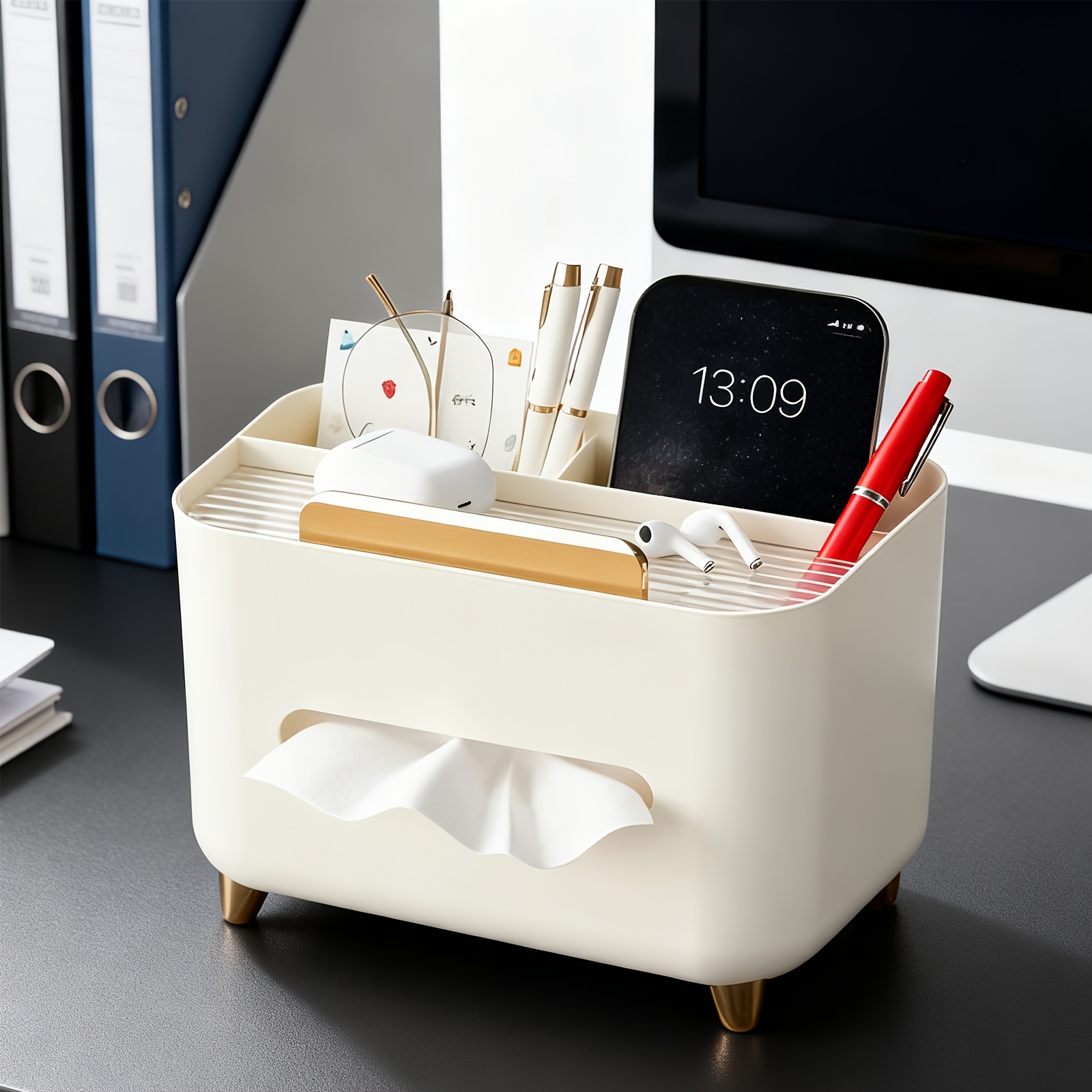 TEMU Boîte de rangement de bureau multifonctionnelle, boîte à mouchoirs, distributeur de mouchoirs, organisateur de télécommandes et organisateur