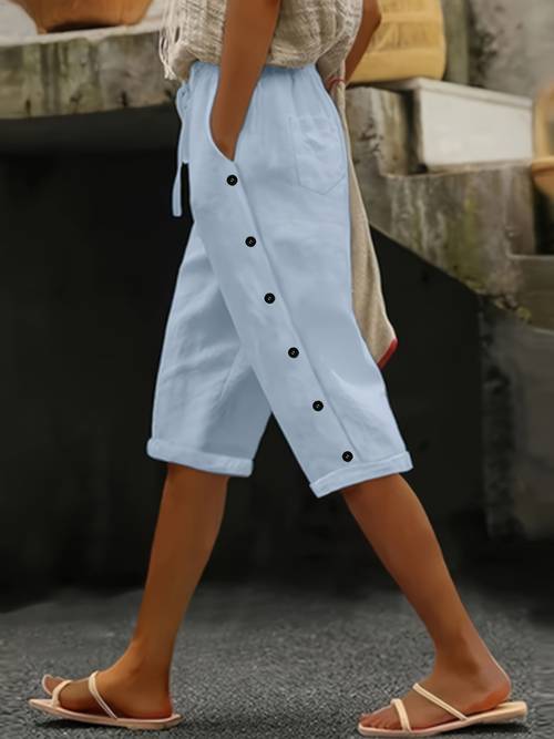 item picture european and american popular womens solid color straight button 7 8 pants