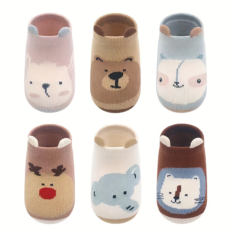 Image of 6 Pairs Anti-slip Cartoon Socks - Cute Animal & Food Designs, Breathable Non-slip Socks For Toddlers, Soft Cushioned , Indoor Play & Learning, Toddler Socks, Footwear, Socks