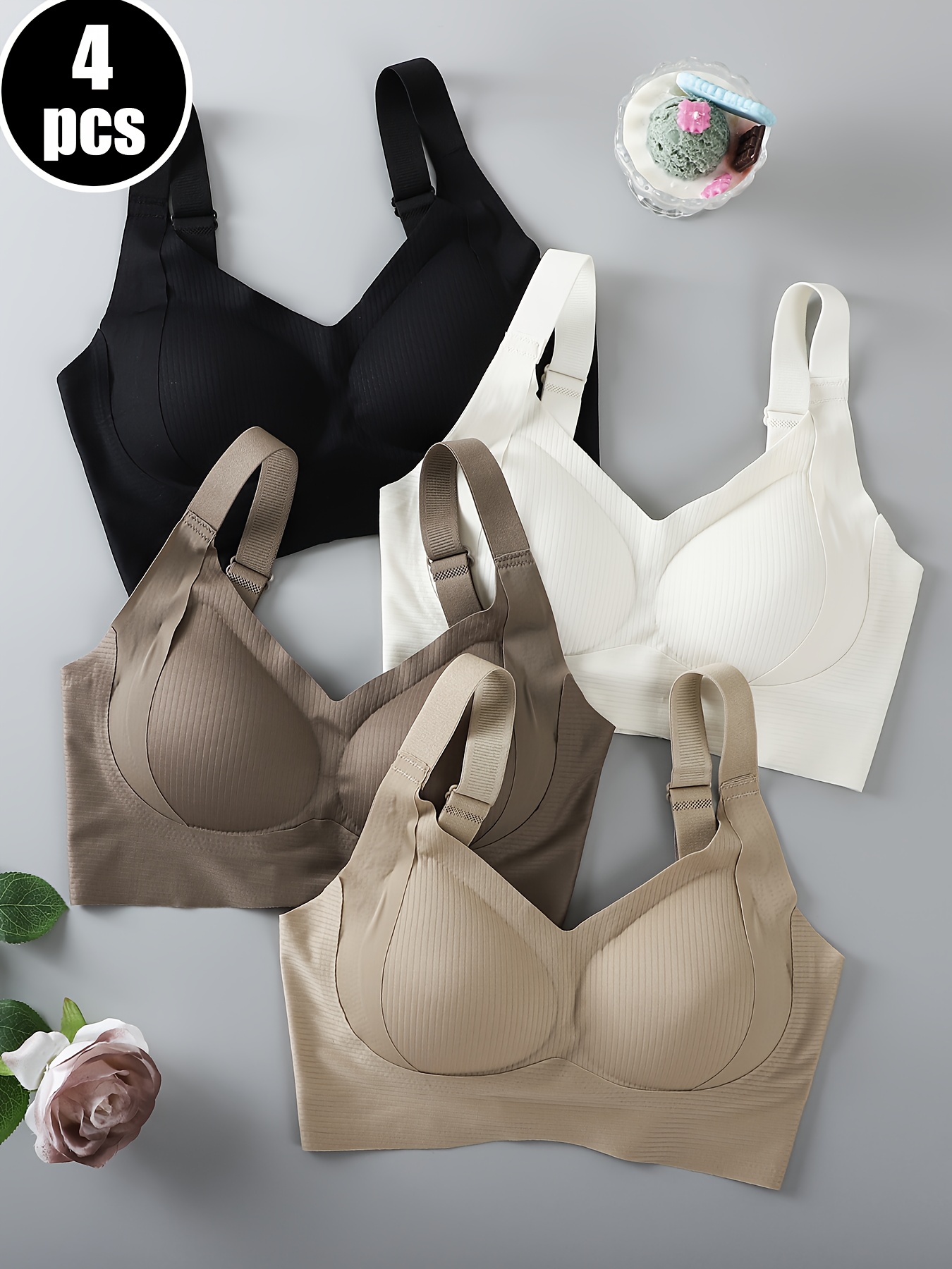 [seamless sports bras] 4pcs women's seamless wireless sports bras soft padded yoga bra with medium support, striped ribbed design and adjustable straps for exercise, gym, casual wear | pleated design | comfortable fit