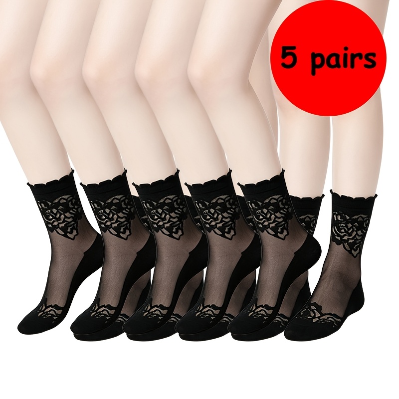 TEMU 5 Pairs Of Stockings, Mid-calf Stockings, Lace Glass Stockings, Cartoon Crystal Stockings