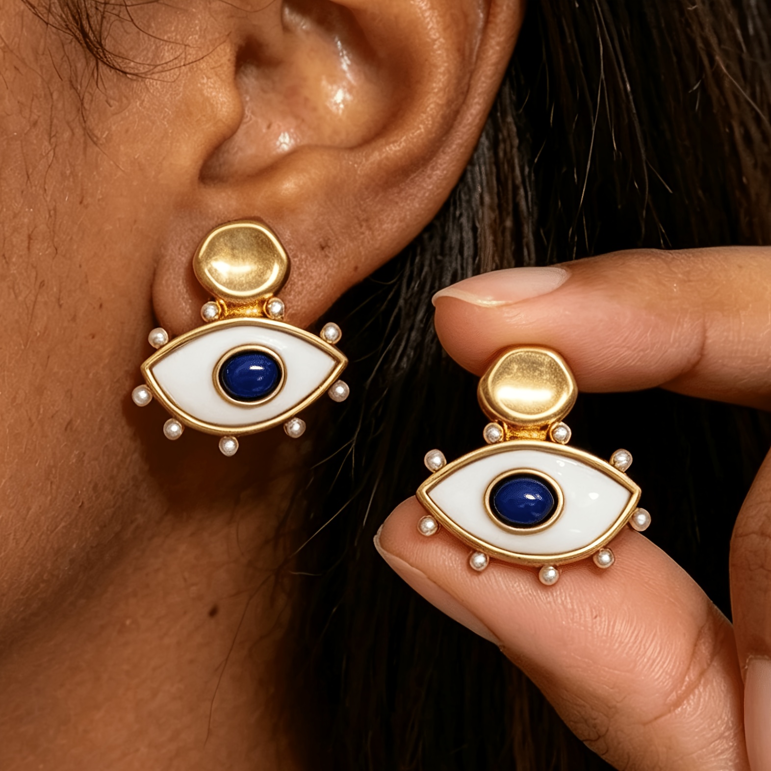 TEMU Un par de aretes de de ojo de de diseñador, aretes retro de ojo azul incrustado de de perlas, para diario, vacaciones, adiciones a los atuendos