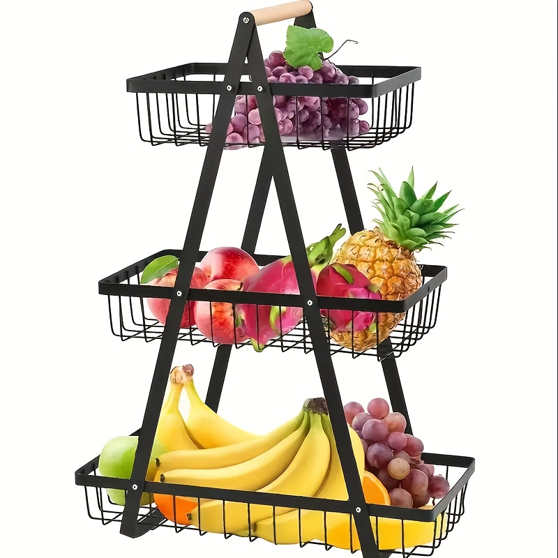 TEMU 1pc 2/3-tier Iron Drain Basket With Wooden Handle - Removable Wire Mesh Food-safe Countertop Storage Organizer For Kitchen, Bathroom, Fruits &