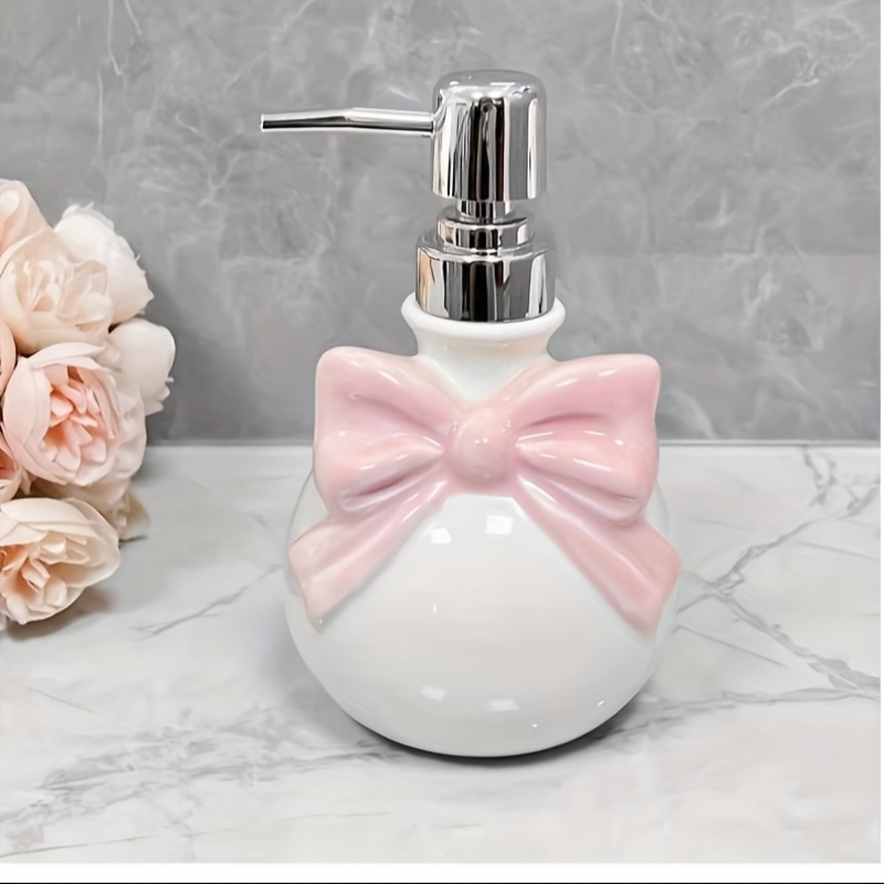Image of Creative Pink Bow Ceramic Lotion Bottle, Home Decor Dispensing Bottle, Suitable For Bathroom Sinks, Washrooms, Kitchen Sinks And Hotel Shower Gel Dispensing